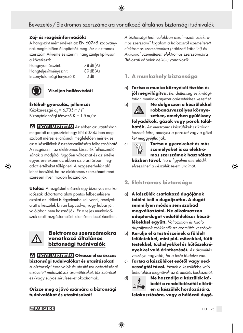 A munkahely biztonsága, Elektromos biztonsága | Parkside PDS 290 A1 User Manual | Page 24 / 65