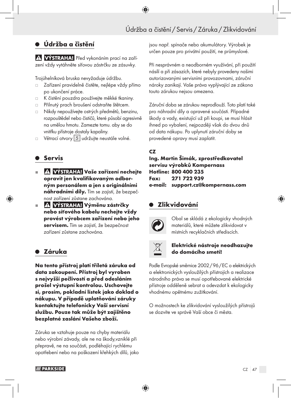 Údržba a čistění / servis / záruka / zlikvidování, Údržba a čistění, Servis | Záruka, Zlikvidování | Parkside PDS 290 A1 User Manual | Page 46 / 65