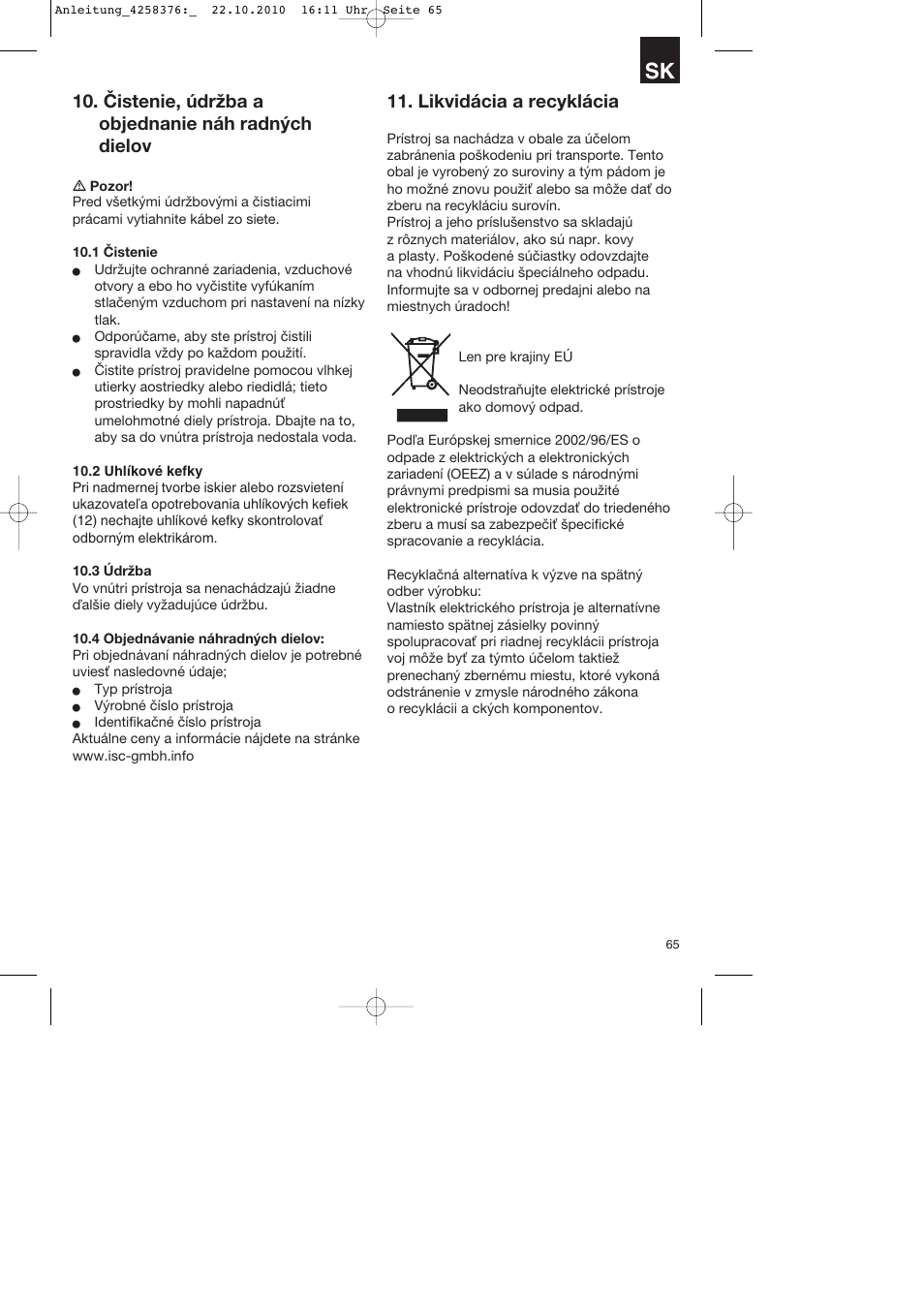 Čistenie, údržba a objednanie náh radných dielov, Likvidácia a recyklácia | Parkside PBH 1100 A1 User Manual | Page 65 / 96
