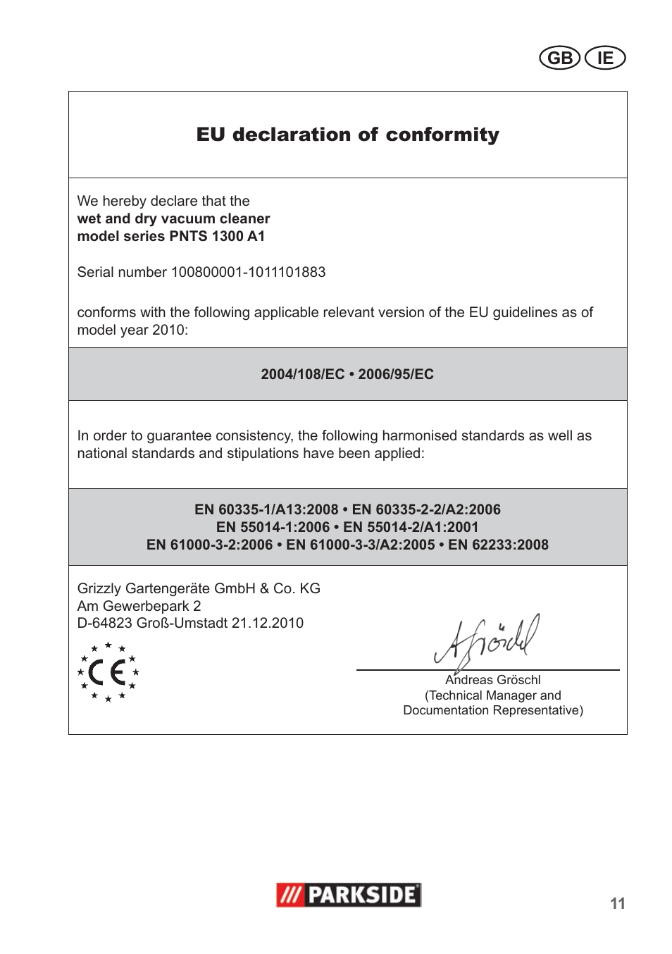 Eu declaration of conformity, Gb ie | Parkside PNTS 1300 A1 User Manual | Page 11 / 14