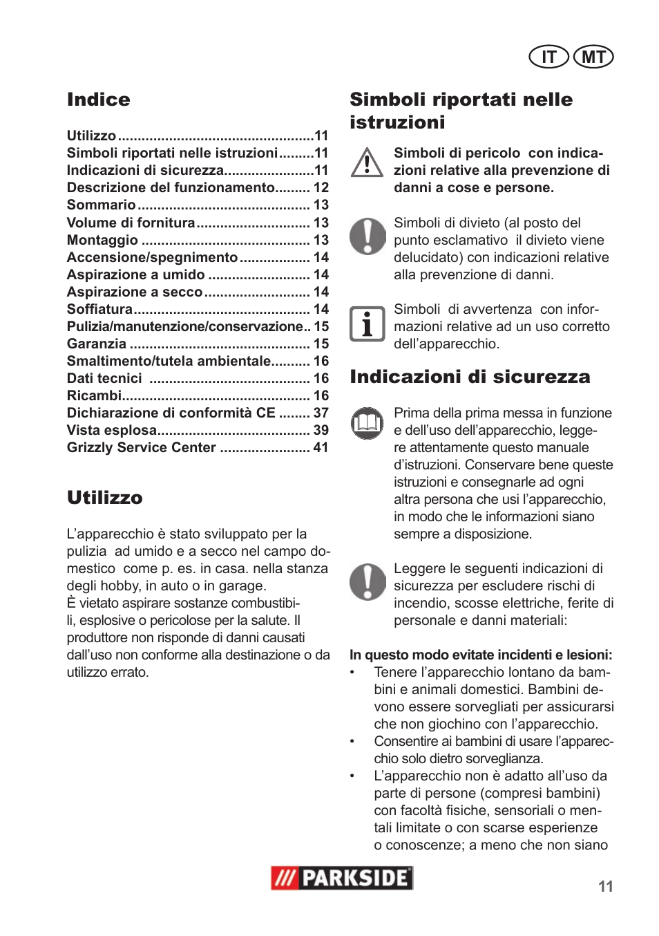 Indice, Utilizzo, Simboli riportati nelle istruzioni | Indicazioni di sicurezza | Parkside PNTS 1300 A1 User Manual | Page 11 / 42