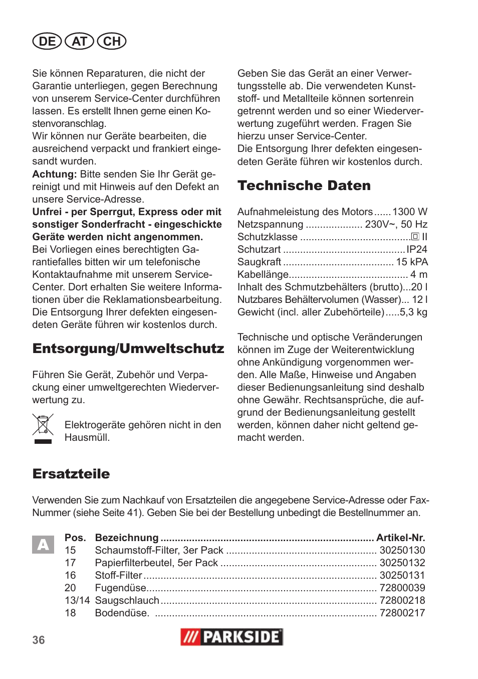 Entsorgung/umweltschutz, Technische daten, Ersatzteile | De at ch | Parkside PNTS 1300 A1 User Manual | Page 36 / 42