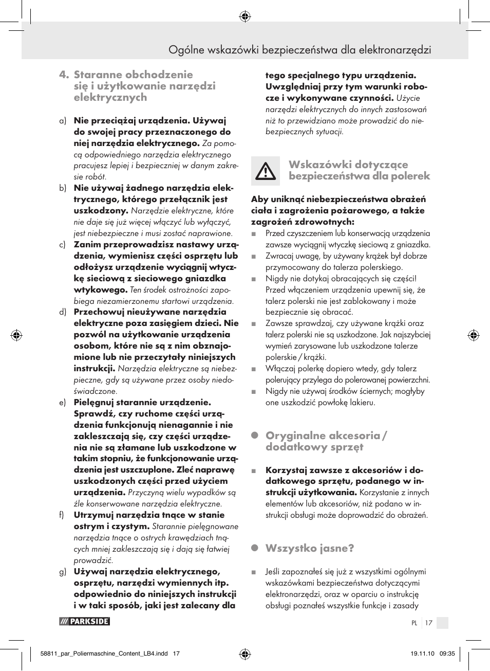 Wskazówki dotyczące bezpieczeństwa dla polerek, Oryginalne akcesoria / dodatkowy sprzęt, Wszystko jasne | Parkside PWP 90 A1 User Manual | Page 19 / 62