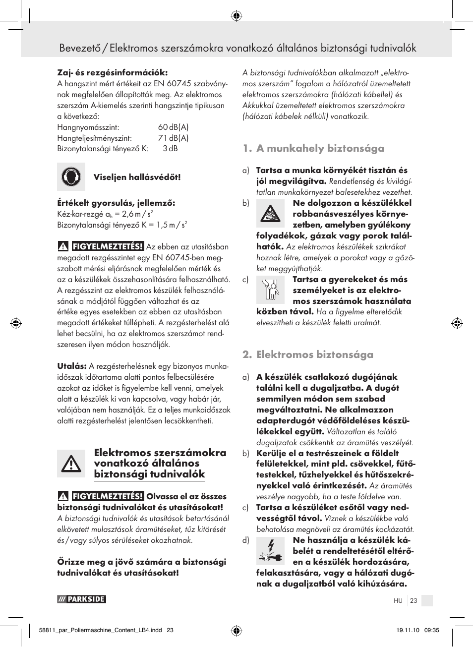 A munkahely biztonsága, Elektromos biztonsága | Parkside PWP 90 A1 User Manual | Page 25 / 62