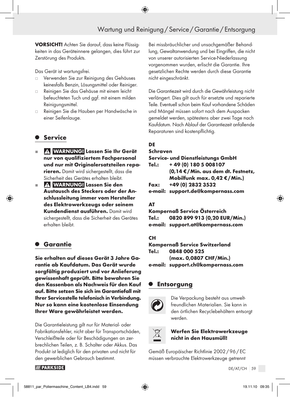 Service, Garantie, Entsorgung | Parkside PWP 90 A1 User Manual | Page 61 / 62