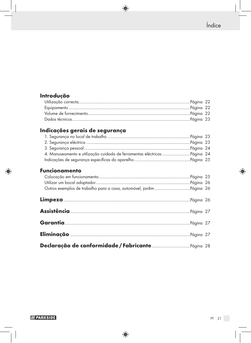 Índice | Parkside PHLG 2000-2 User Manual | Page 21 / 44