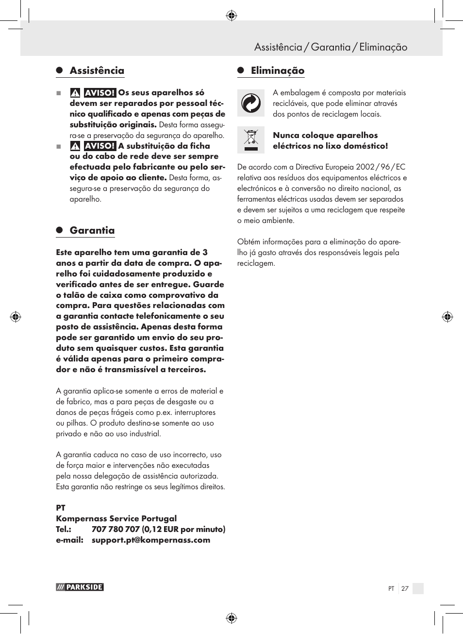 Assistência / garantia / eliminação, Assistência, Garantia | Eliminação | Parkside PHLG 2000-2 User Manual | Page 27 / 44
