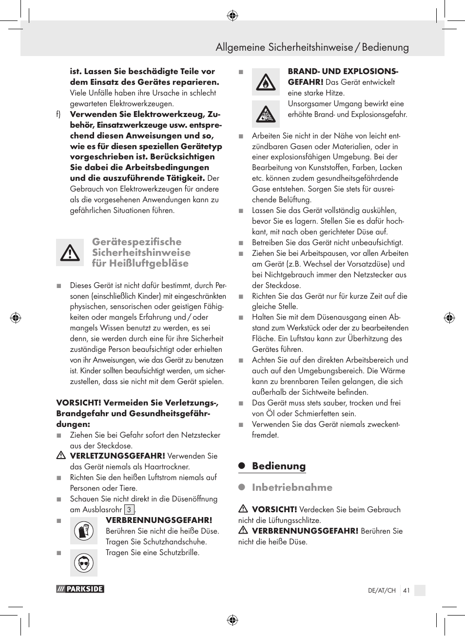 Allgemeine sicherheitshinweise / bedienung, Bedienung, Inbetriebnahme | Parkside PHLG 2000-2 User Manual | Page 41 / 44