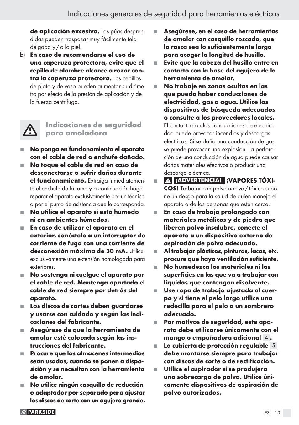 Indicaciones de seguridad para amoladora | Parkside PWS 1010 User Manual | Page 14 / 77