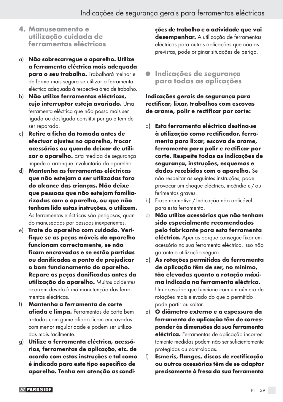 Indicações de segurança para todas as aplicações | Parkside PWS 1010 User Manual | Page 40 / 77