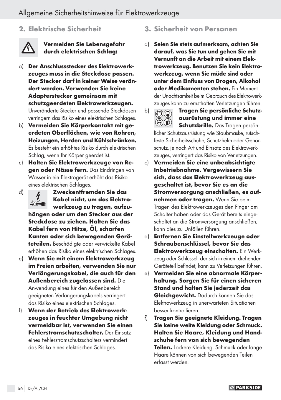 Elektrische sicherheit, Sicherheit von personen | Parkside PWS 1010 User Manual | Page 67 / 77