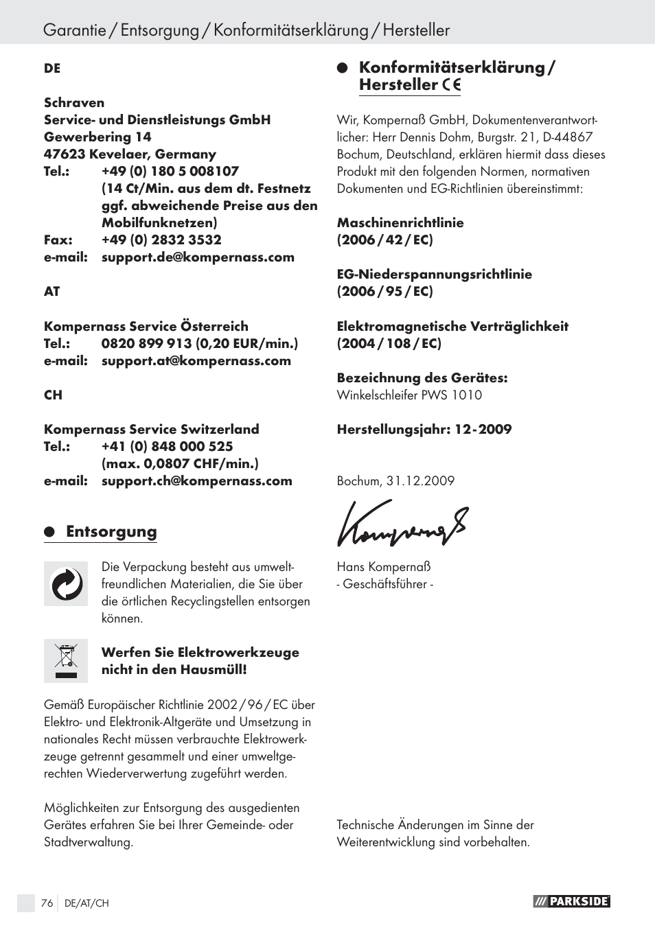 Entsorgung, Konformitätserklärung / hersteller | Parkside PWS 1010 User Manual | Page 77 / 77
