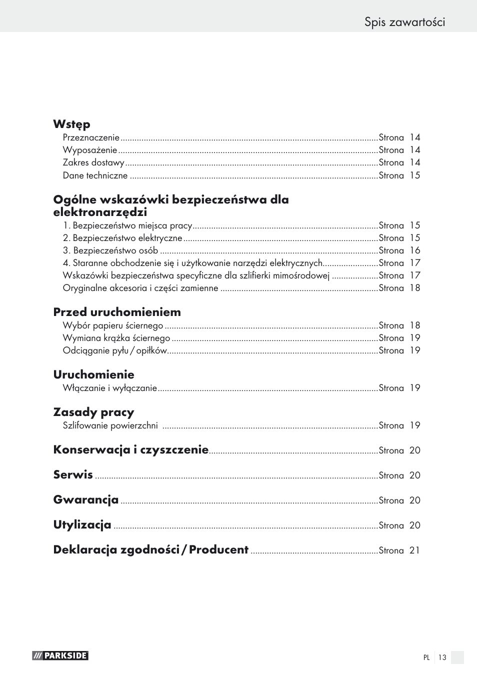 Spis zawartości | Parkside PEXS 270 A1 User Manual | Page 13 / 68