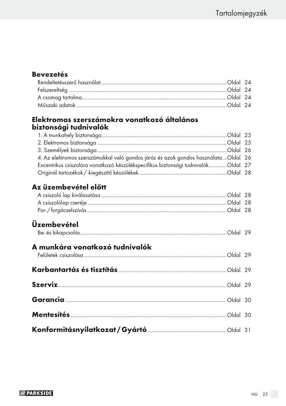 Tartalomjegyzék | Parkside PEXS 270 A1 User Manual | Page 23 / 68