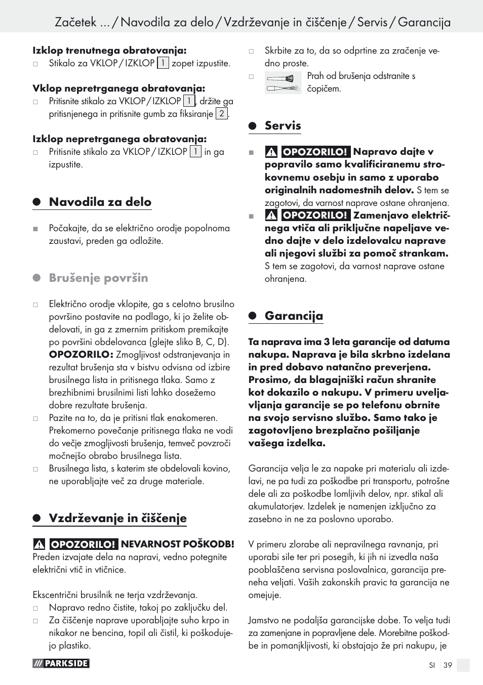 Navodila za delo, Brušenje površin, Vzdrževanje in čiščenje | Servis, Garancija | Parkside PEXS 270 A1 User Manual | Page 39 / 68