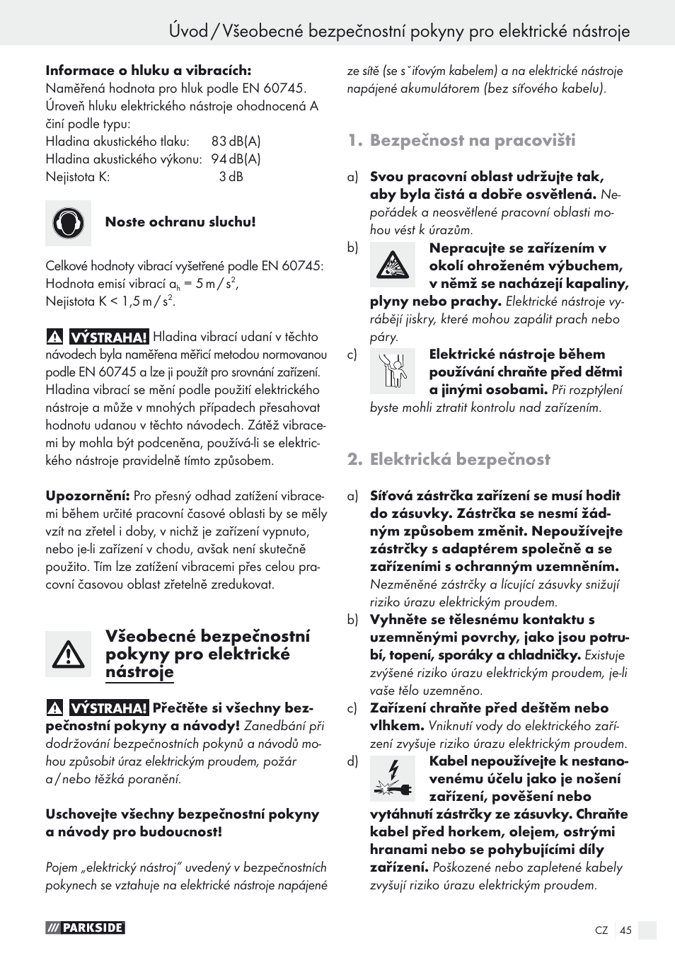 Bezpečnost na pracovišti, Elektrická bezpečnost | Parkside PEXS 270 A1 User Manual | Page 45 / 68