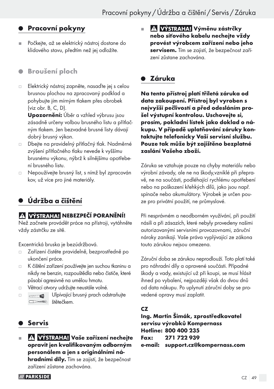 Pracovní pokyny, Broušení ploch, Údržba a čištění | Servis, Záruka | Parkside PEXS 270 A1 User Manual | Page 49 / 68