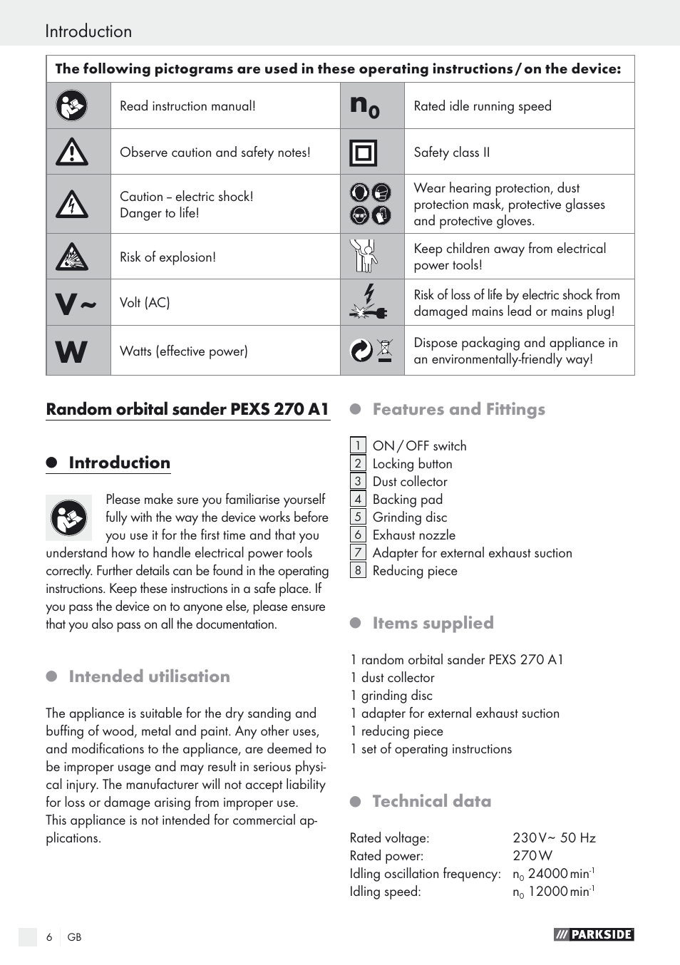 Random orbital sander pexs 270 a1, Introduction, Intended utilisation | Features and fittings, Items supplied, Technical data | Parkside PEXS 270 A1 User Manual | Page 6 / 68