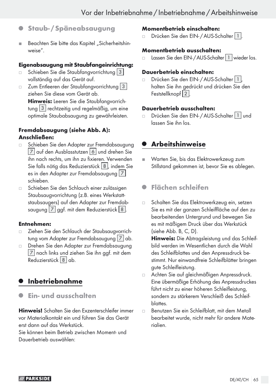 Staub- / späneabsaugung, Inbetriebnahme, Ein- und ausschalten | Arbeitshinweise, Flächen schleifen | Parkside PEXS 270 A1 User Manual | Page 65 / 68