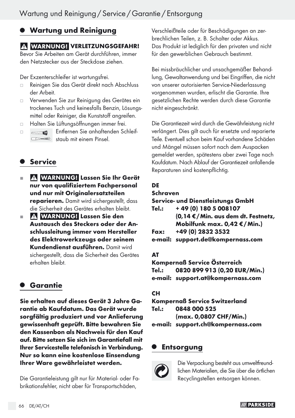 Wartung und reinigung, Service, Garantie | Entsorgung | Parkside PEXS 270 A1 User Manual | Page 66 / 68