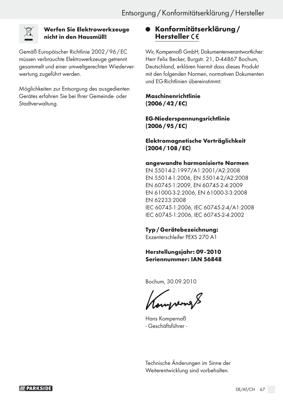 Entsorgung / konformitätserklärung / hersteller, Konformitätserklärung / hersteller | Parkside PEXS 270 A1 User Manual | Page 67 / 68