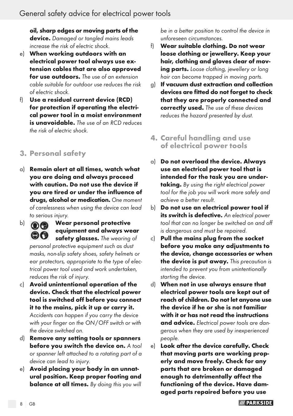 General safety advice for electrical power tools, Personal safety, Careful handling and use of electrical power tools | Parkside PEXS 270 A1 User Manual | Page 8 / 68