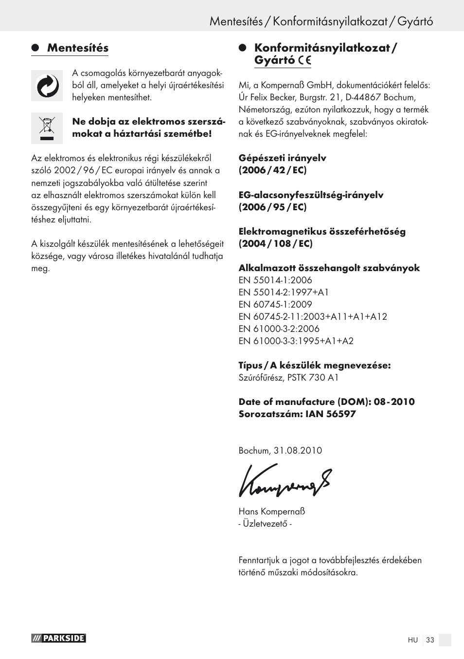 Mentesítés / konformitásnyilatkozat / gyártó, Mentesítés, Konformitásnyilatkozat / gyártó | Parkside PSTK 730 A1 User Manual | Page 33 / 76