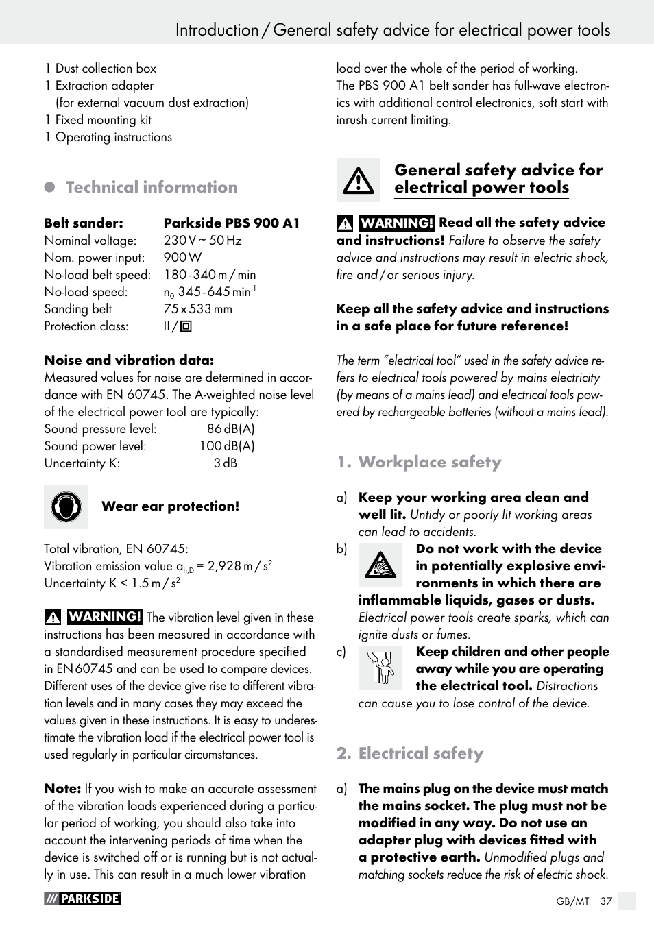 Technical information, General safety advice for electrical power tools, Workplace safety | Electrical safety | Parkside PBS 900 A1 User Manual | Page 37 / 55