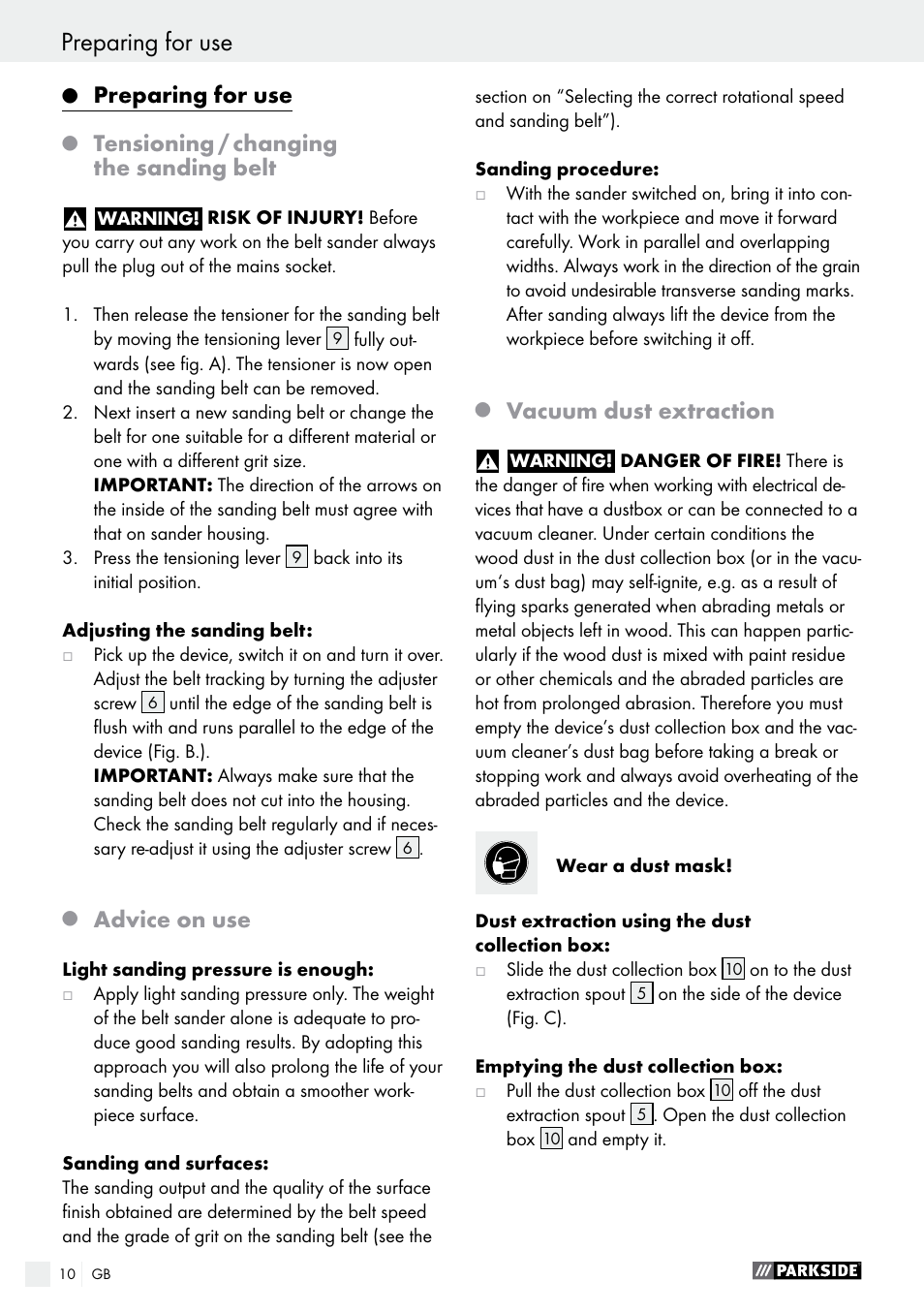 Preparing for use, Tensioning / changing the sanding belt, Advice on use | Vacuum dust extraction | Parkside PBS 900 A1 User Manual | Page 10 / 79