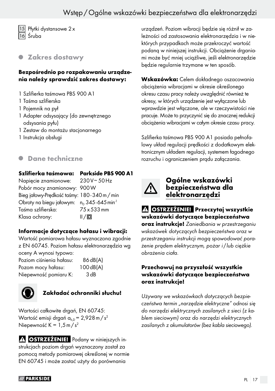 Zakres dostawy, Dane techniczne | Parkside PBS 900 A1 User Manual | Page 17 / 79