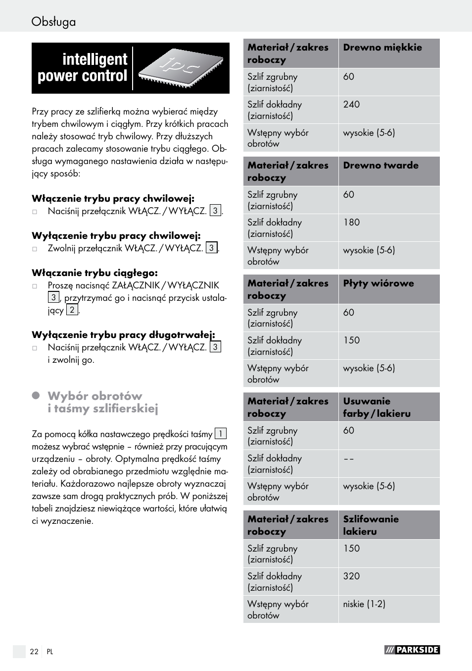 Obsługa, Wybór obrotów i taśmy szlifierskiej | Parkside PBS 900 A1 User Manual | Page 22 / 79