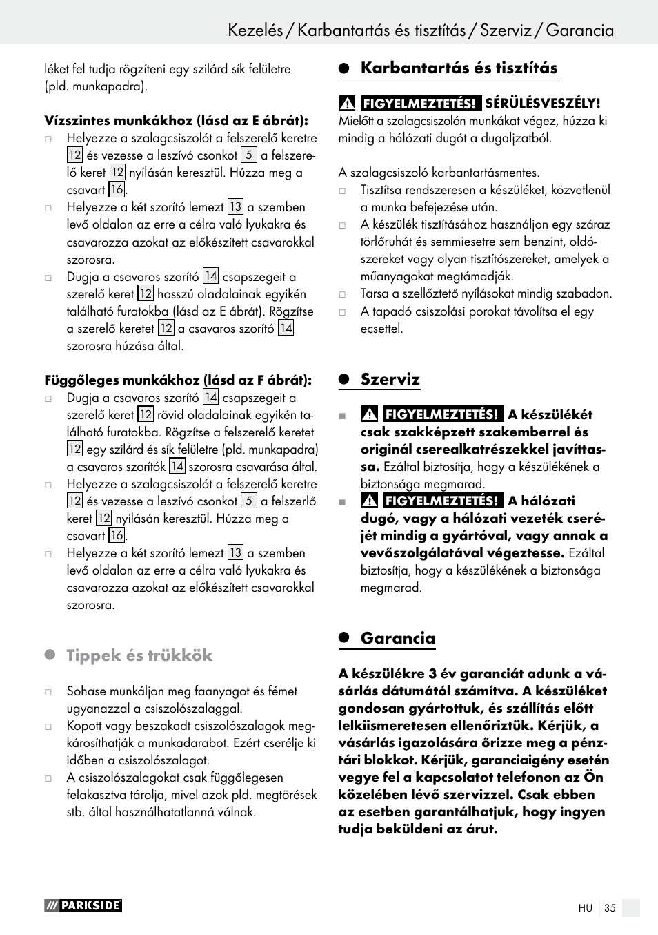 Tippek és trükkök, Karbantartás és tisztítás, Szerviz | Garancia | Parkside PBS 900 A1 User Manual | Page 35 / 79