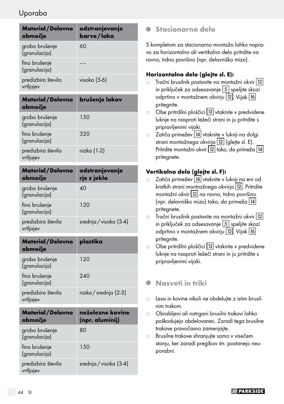 Uporaba, Stacionarno delo, Nasveti in triki | Parkside PBS 900 A1 User Manual | Page 44 / 79