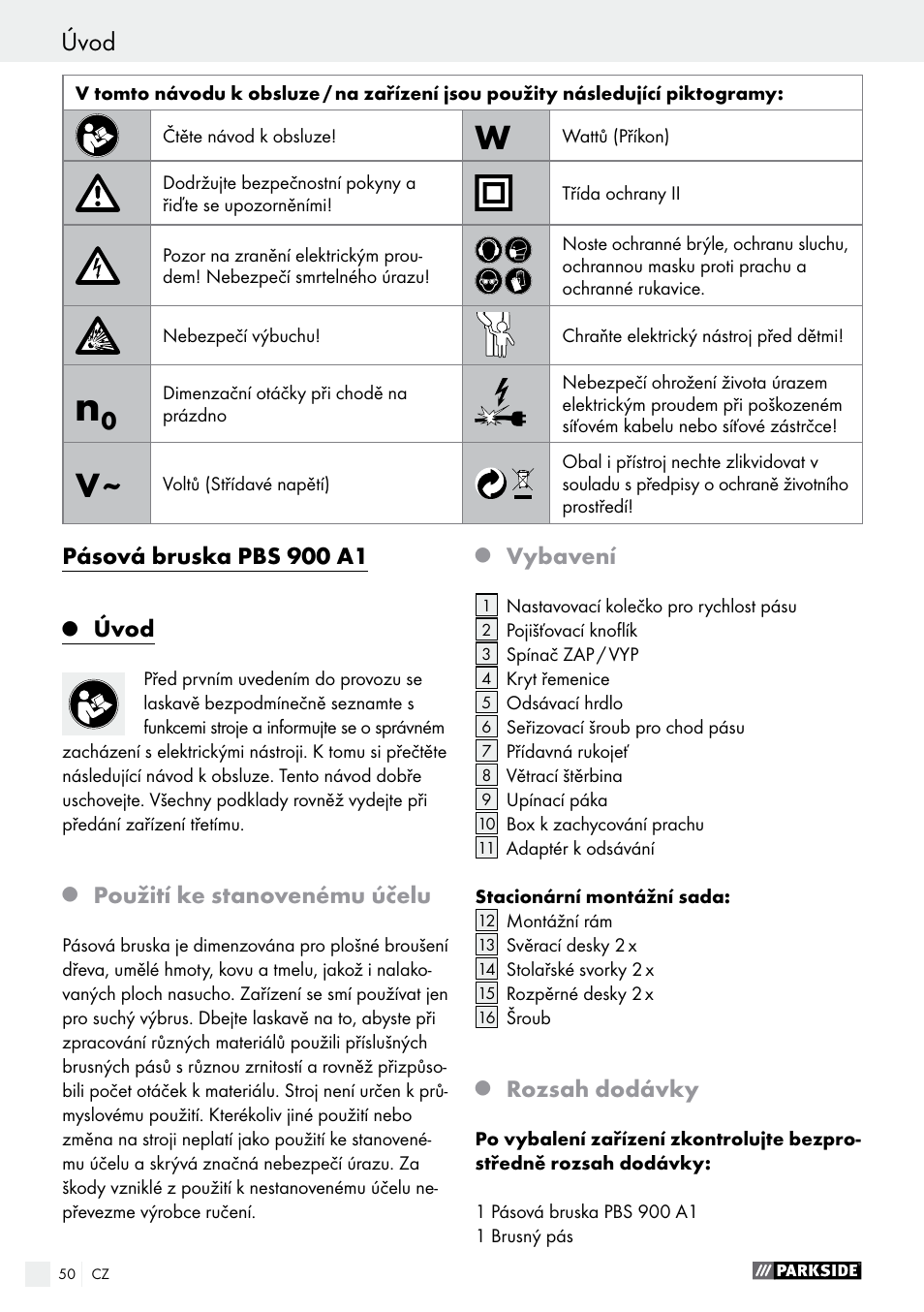 Pásová bruska pbs 900 a1, Úvod, Použití ke stanovenému účelu | Vybavení, Rozsah dodávky | Parkside PBS 900 A1 User Manual | Page 50 / 79