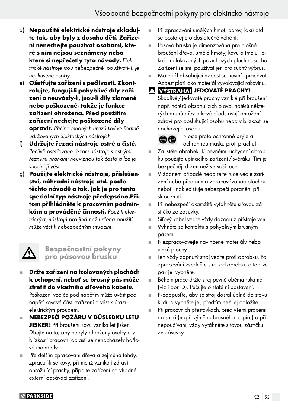 Bezpečnostní pokyny pro pásovou brusku | Parkside PBS 900 A1 User Manual | Page 53 / 79