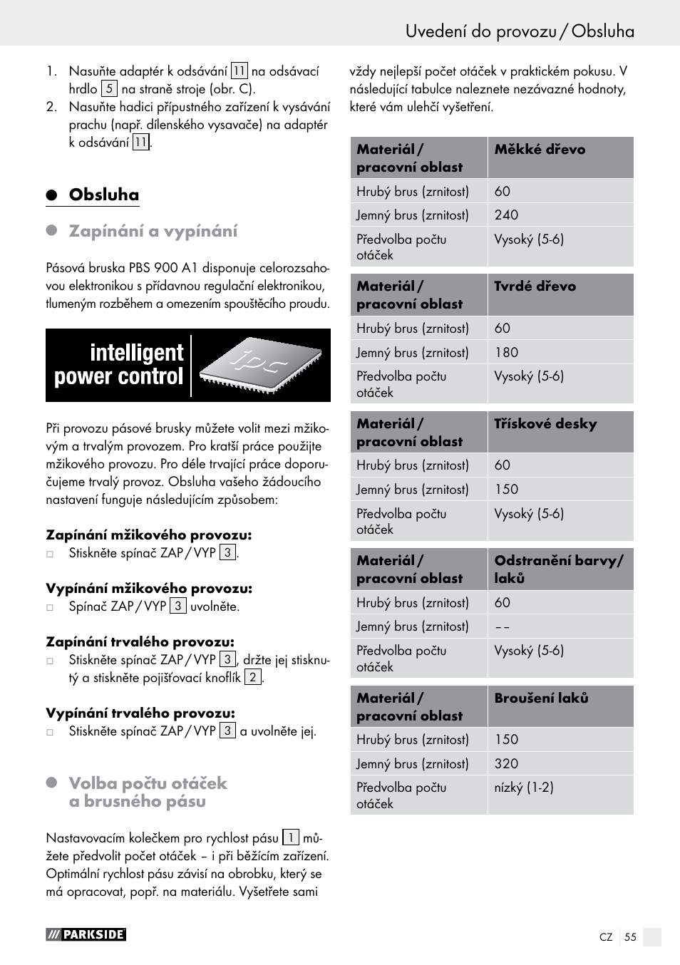 Uvedení do provozu / obsluha, Obsluha, Zapínání a vypínání | Volba počtu otáček a brusného pásu | Parkside PBS 900 A1 User Manual | Page 55 / 79