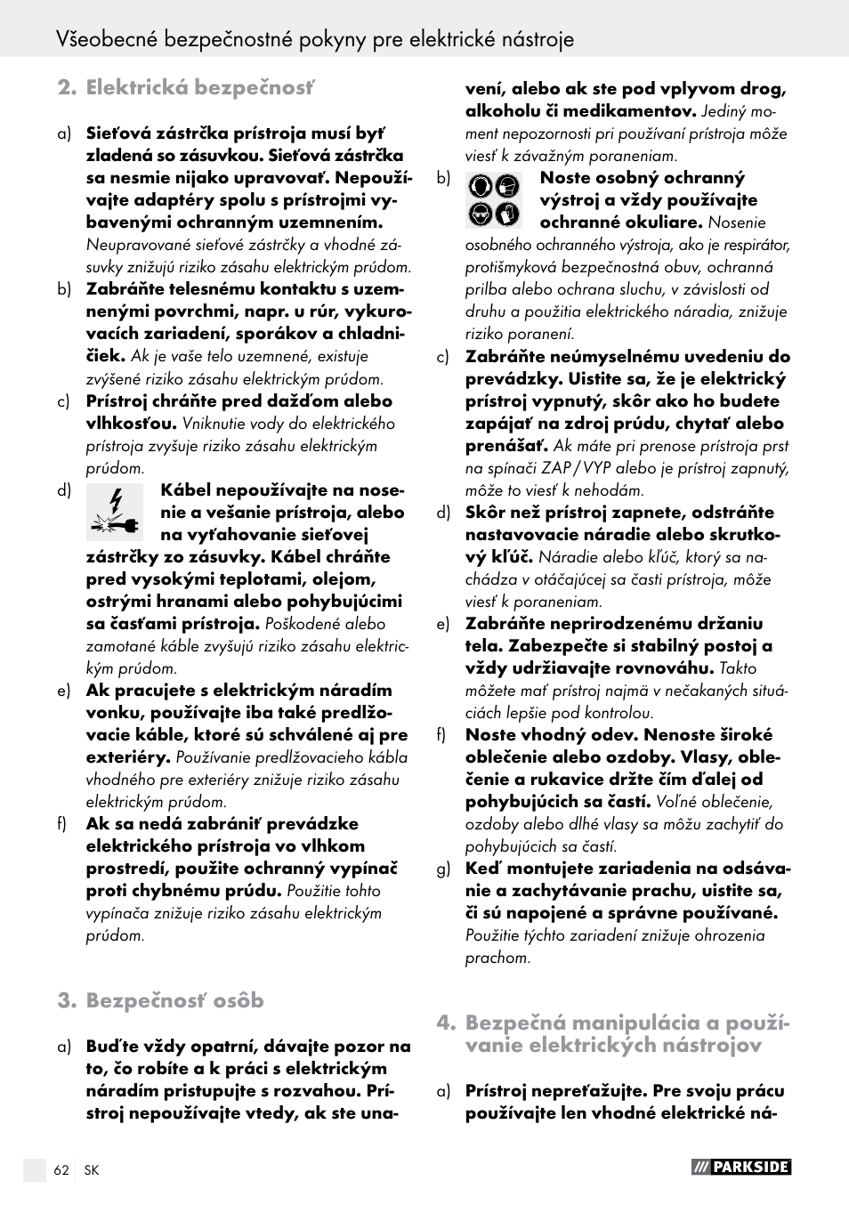 Elektrická bezpečnosť, Bezpečnosť osôb | Parkside PBS 900 A1 User Manual | Page 62 / 79