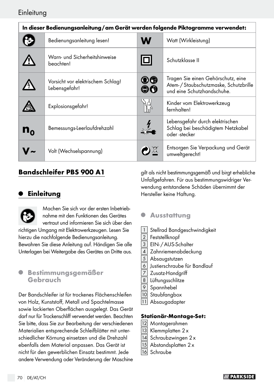 Einleitung, Bandschleifer pbs 900 a1, Bestimmungsgemäßer gebrauch | Ausstattung | Parkside PBS 900 A1 User Manual | Page 70 / 79