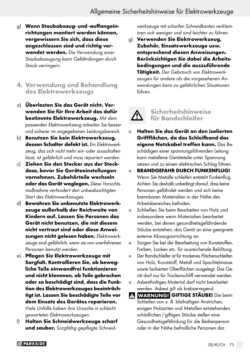 Verwendung und behandlung des elektrowerkzeugs, Sicherheitshinweise für bandschleifer | Parkside PBS 900 A1 User Manual | Page 73 / 79