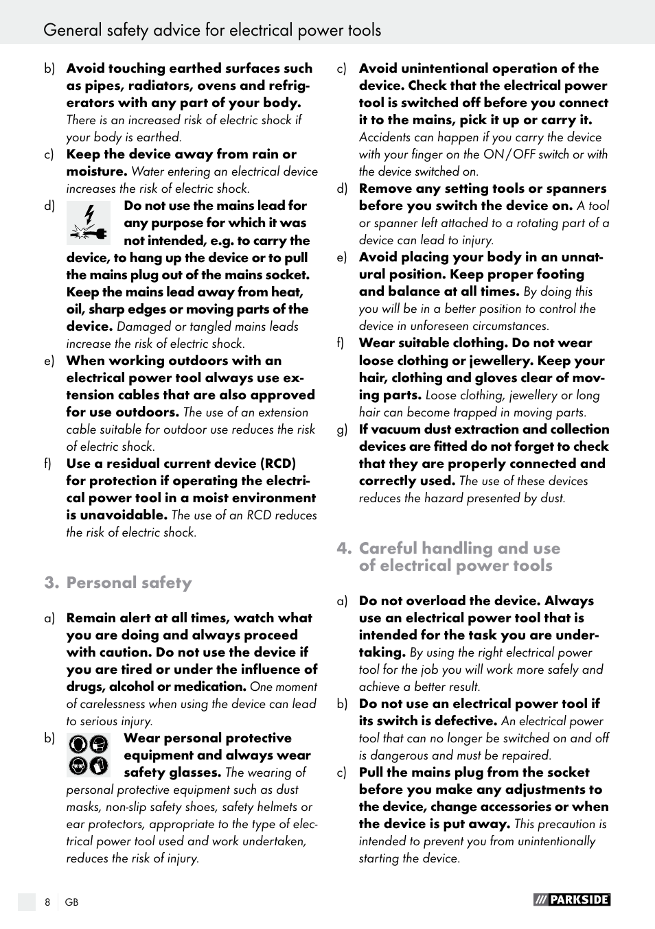 General safety advice for electrical power tools, Personal safety, Careful handling and use of electrical power tools | Parkside PBS 900 A1 User Manual | Page 8 / 79