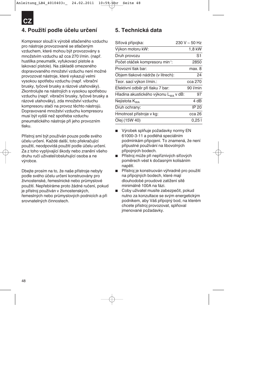 Použití podle účelu určení, Technická data | Parkside PKO 270 B2 User Manual | Page 48 / 96