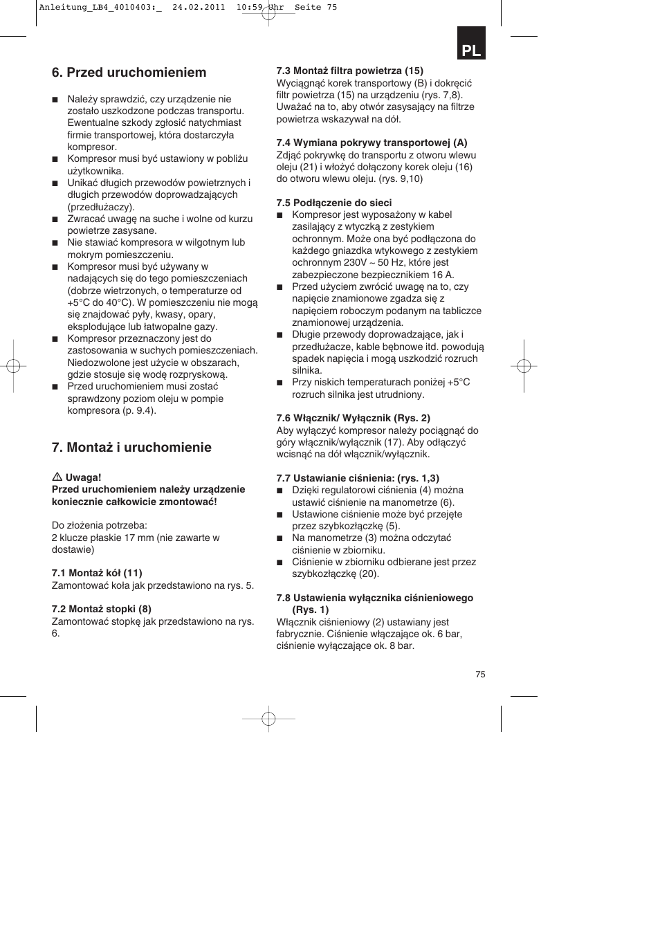 Przed uruchomieniem, Montaż i uruchomienie | Parkside PKO 270 B2 User Manual | Page 75 / 96
