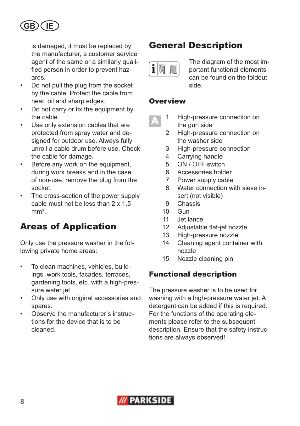 Areas of application, General description, Gb ie | Parkside PHD 100 A1 User Manual | Page 8 / 18