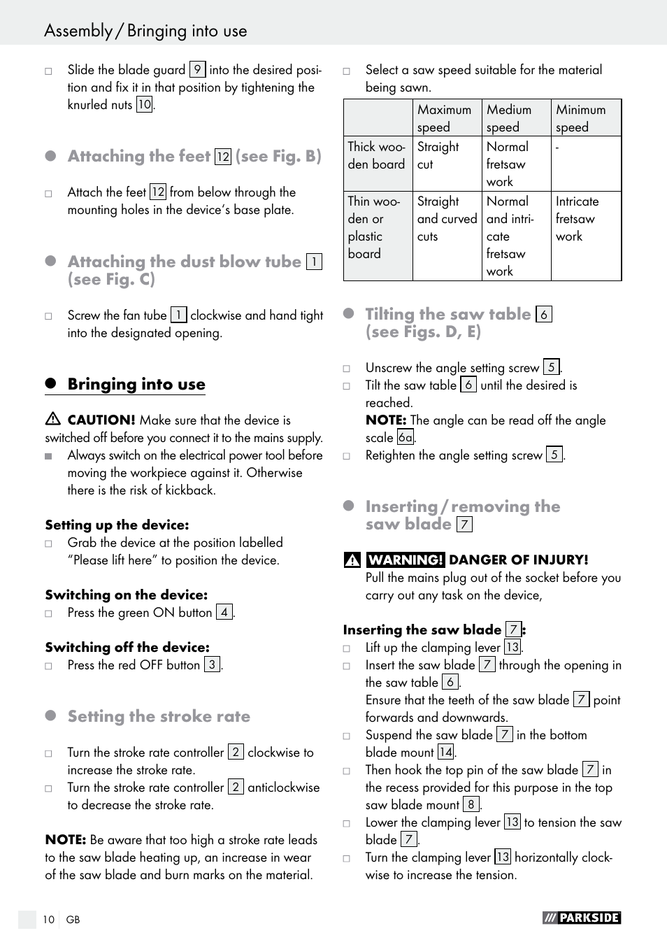 Assembly / bringing into use, Attaching the feet, See fig. b) | Attaching the dust blow tube, See fig. c), Bringing into use, Setting the stroke rate, Tilting the saw table, See figs. d, e), Inserting / removing the saw blade | Parkside PDKS 120 B3 User Manual | Page 10 / 58