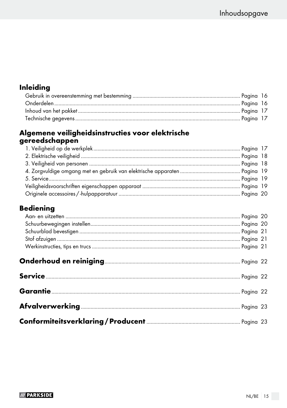 Déclaration de conformité / fabricant, Inhoudsopgave | Parkside PSS 250 A1 User Manual | Page 15 / 44