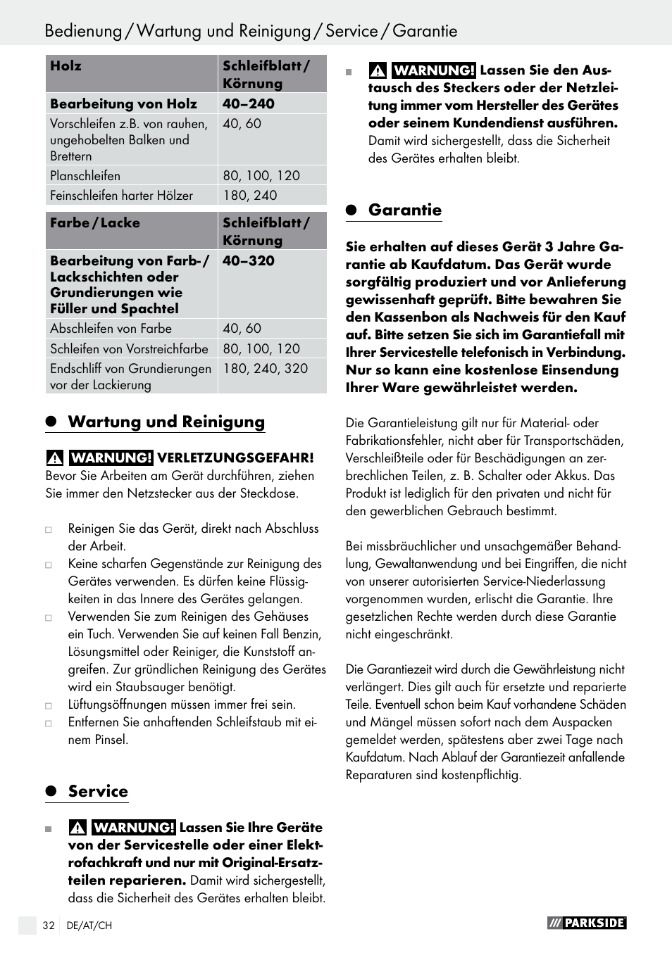 Wartung und reinigung, Service, Garantie | Parkside PSS 250 A1 User Manual | Page 32 / 44