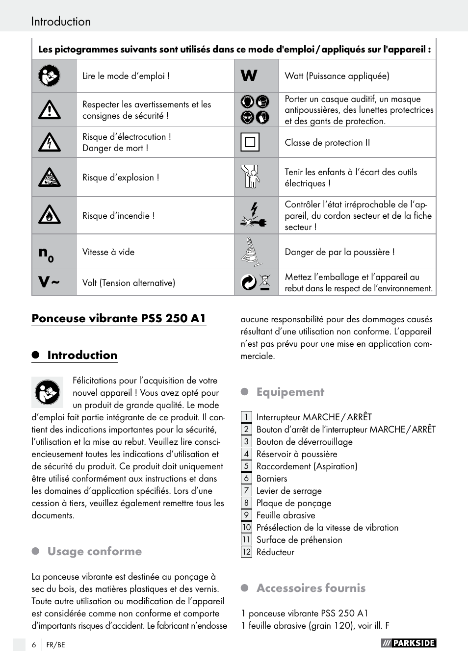 Ponceuse vibrante pss 250 a1, Introduction, Usage conforme | Equipement, Accessoires fournis | Parkside PSS 250 A1 User Manual | Page 6 / 44