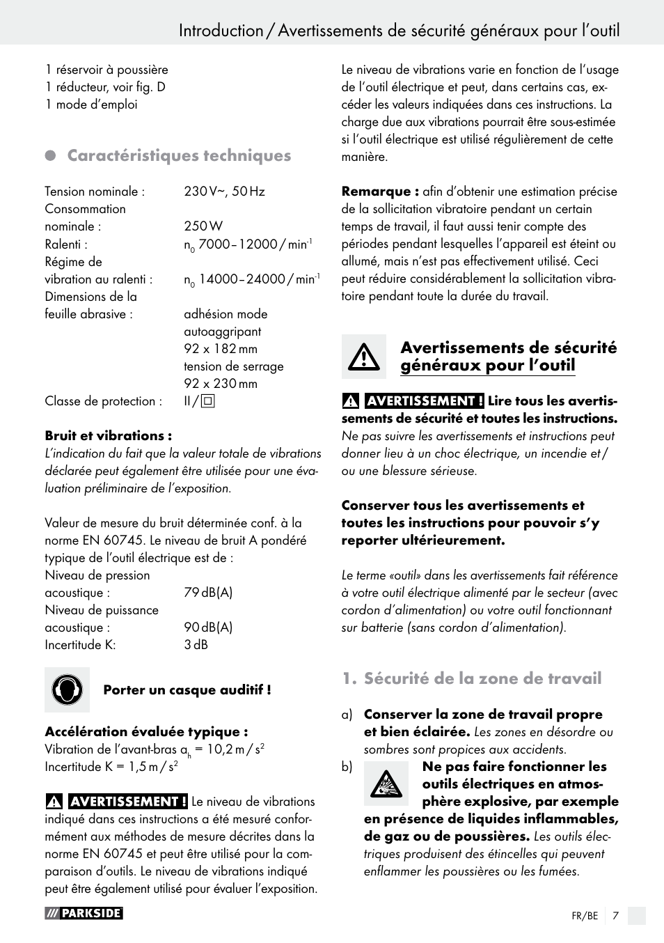 Caractéristiques techniques, Avertissements de sécurité généraux pour l’outil, Sécurité de la zone de travail | Parkside PSS 250 A1 User Manual | Page 7 / 44