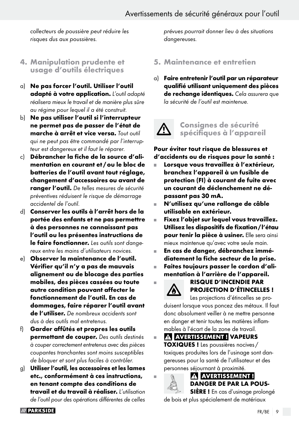 Avertissements de sécurité généraux pour l’outil, Maintenance et entretien, Consignes de sécurité spécifiques à l’appareil | Parkside PSS 250 A1 User Manual | Page 9 / 44