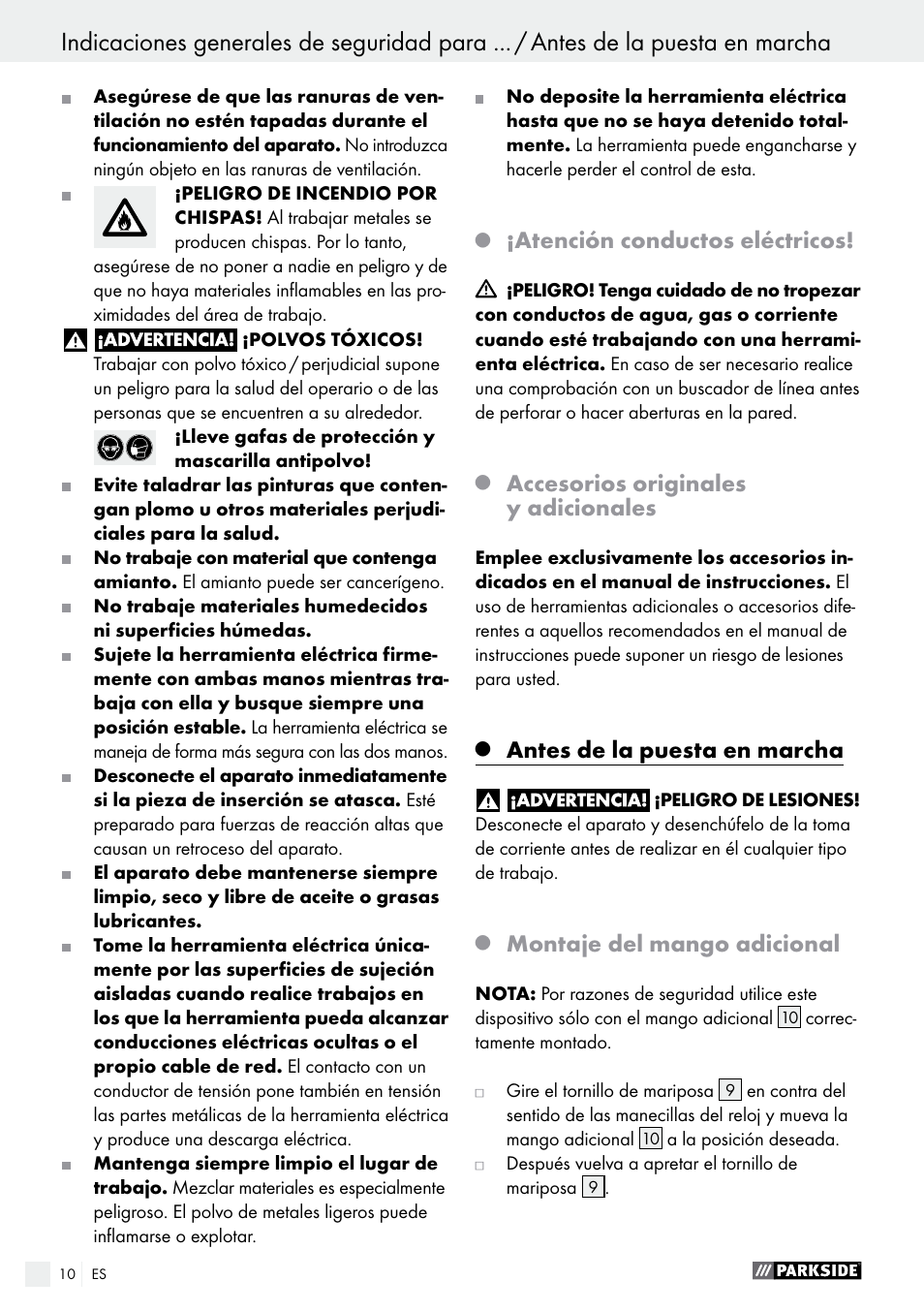 Atención conductos eléctricos, Accesorios originales y adicionales, Antes de la puesta en marcha | Montaje del mango adicional | Parkside PSBM 500 A1 User Manual | Page 10 / 54